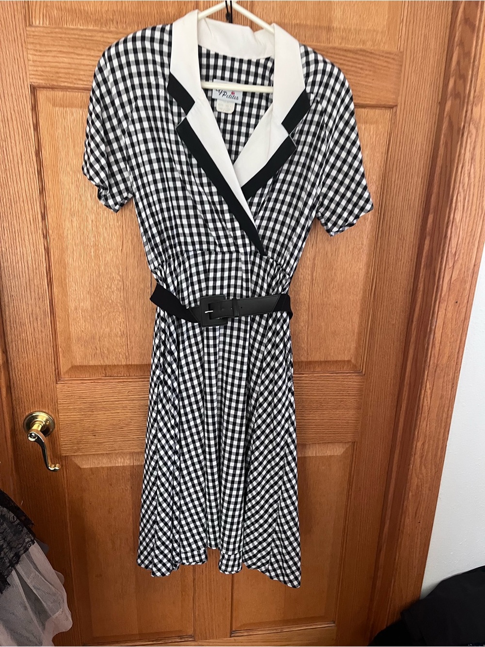 Vintage CG poly rayon Black and White Gingham A-Line Dress with Belt